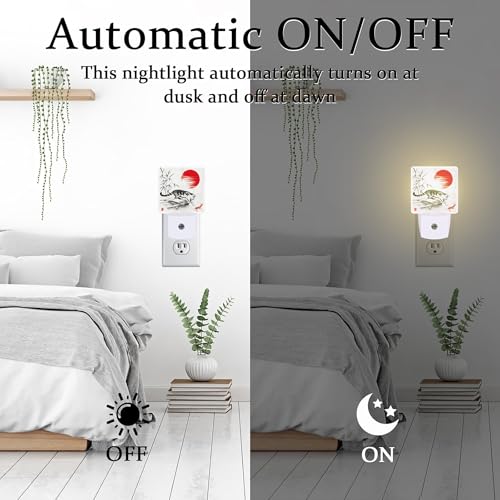 Image of Watercolor Cat and Koi Fish Night Light, Red Sun Bamboo Ink Painting Dusk to Dawn Night Light Plug in,0.5w Energy Saving Sleep Friendly NightLight for Kids Boys Girls Home Decor