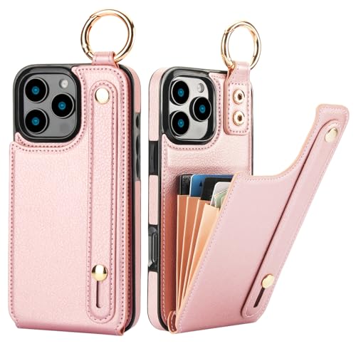 Folosu for iPhone 16 Pro Max Wallet Case with Card Holder, Hand Wrist Strap Loop Holder Kickstand, RFID Blocking Finger Grip Ring PU Leather Double Buttons Shockproof Cover 6.9" Rose Gold by Folosu - Used condition - US$9.91
