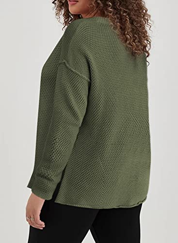 Eytino Womens Plus Size Long Sleeve Henley Jumpers V Neck Button Down Pullover Tops Side Split Loose Fit Sweaters,5X Green