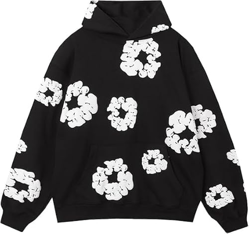 Y2K Hoodies Vintage Floral Print Oversized Hoodie, Purple and Blue, Casual Streetwear Long Sleeve Pullover Sweatshirt (US, Alpha, Medium, Black)