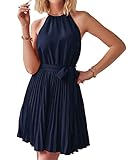 BTFBM Women 2024 Summer Casual Halter Neck A-Line Dress Sleeveless Belted Swing Pleated Cocktail Party Beach Mini Dresses(Solid Navy, Small)