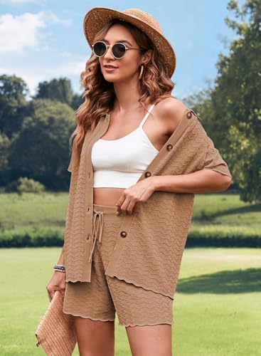 Pink Queen Women Knit Shorts Set 2 Piece Outfits Short Sleeve Button Down Sweater Top and Shorts Lounge Sets Brown Medium — view 4
