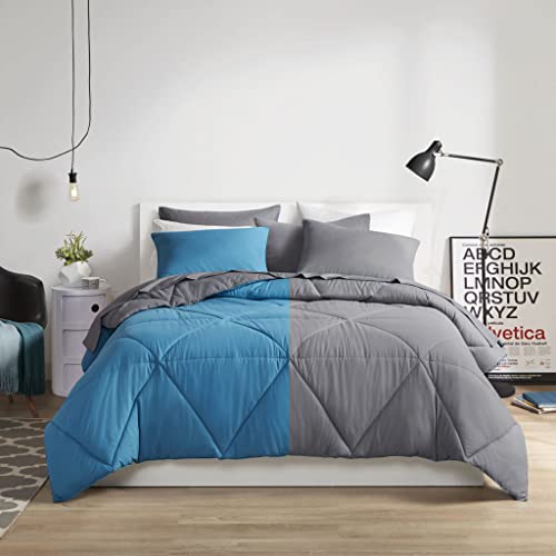 Image of Comfort Spaces Vince Reversible Bed In A Bag - Trendy Casual Geometric Quilted Cover, All Season Down Alternative Cozy Bedding, Matching Sham, King, Reversible Teal /Charcoal 9 Piece