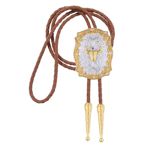 Image of GelConnie Brown Bolo Tie for Men Women Western Ties Mens Gold Bolo Tie Rodeo Cowboy Leather Necktie Cowgirl Tie Wedding