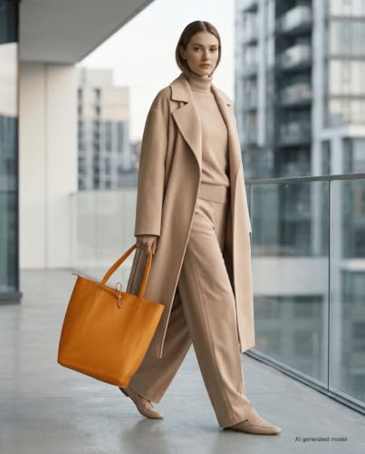 Image of Genuine Italian Leather Tote Bag for Women, Large Slouchy Purse, Orange | Unstructured bag, raw unlined interior with zip pocket, top zipper, side ties, folds flat, fits a 16-inch laptop, lightweight
