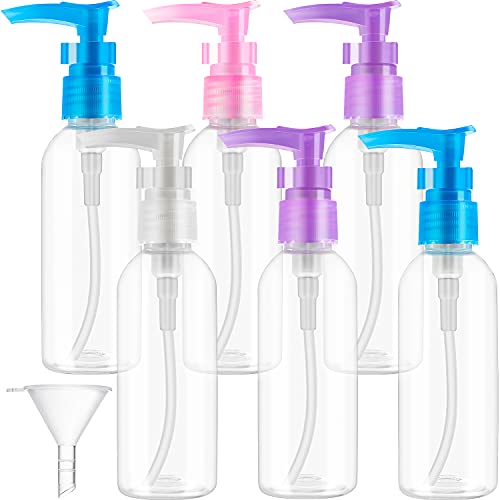 6 Pieces 80 ml Transparent Travel Bottles Pump Bottle Lotion Dispenser Bottle Set with Small Funnel for Flight, Airport, Holiday, Camping (Muticolor)