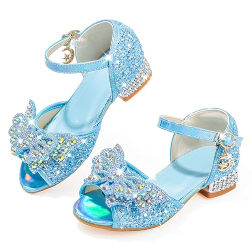Image of Mokayu Girls Sandals Glitter Princess Mary Jane Pump Shoes Open Toe Toddler Low Heels Sandals Dress Up Shoes Bling Bowknot Party Wedding Birthday Prom Cosplay Shoes Blue UK10