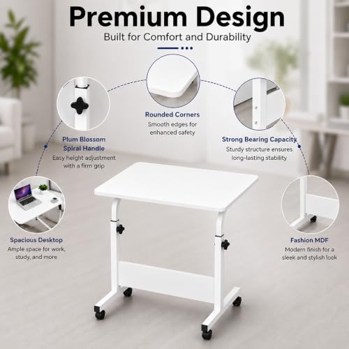 Image of Ant Esports Bravo LT400 Multipurpose Height Adjustable Laptop Table with Wheels, Rolling Computer Desk, Portable Study Table, Home Office Desk, Mobile Workstation, White Top with White Metal Frame