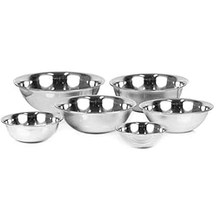 Tezzorio (Set of 6) Heavy Duty Stainless Steel Mixing Bowl Set, 3/4-1 1/2-3-4-5-8 Quart Polished Mirror Finish Flat Base Bowls with Curved lips, 22 Gauge (0.8 Mm) Heavyweight Mixing/Prep Bowls
