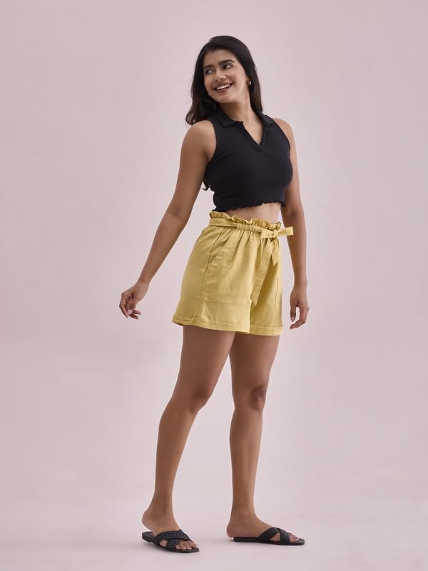 Image of GO COLORS Women Solid High Rise Relaxed Fit Linen Shorts