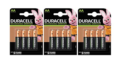 12 pilas recargables Duracell AA, 2500 mAh (3 blísters de 4 baterías) y 12 pilas recargables