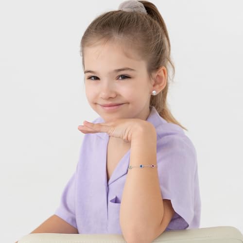 925 Sterling Silver Multicolored Bezel Heart Linked Bracelet For Little Girls - Children's Heart Themed Bracelets - Colorful Bezel Bracelet For Young Girls2