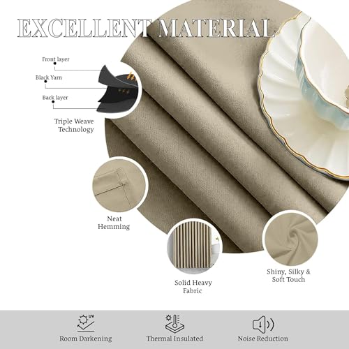 Image of Triple Pinch Pleated Blackout Curtains Thermal Insulated Room Darkening Curtains for Bedroom /Livingroom Pack of 2 Panels, Tiebacks, Hooks (Beigee)