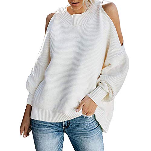 TwoCC?Women's Autumn Sexy Casual Chic Loose Long Sleeve Cold Shoulder Jumper Baggy Tops Blouse T-Shirt (White,Medium)