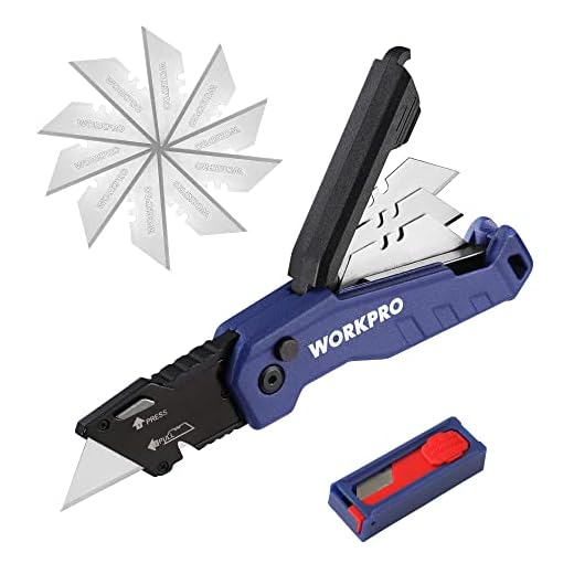 WORKPRO Folding Utility Knife, Quick Change Box Cutter, Razor Knife for Cartons, Cardboard, Boxes, Blade Storage in Aluminum Handle, 13 Extra Blades Included (Blue)
