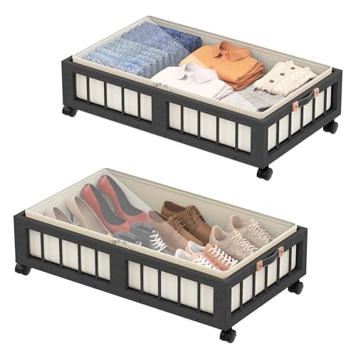 efluky 2-Pack Bamboo Under Bed Storage Containers with Wheels, Under Bed Clothes Storage Basket with Large Dust Bag, Rolling UnderBed Storage for Bedroom, Dorm and Basement, Black, (60 x 42 CM