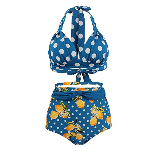 Bikini de mujer 2 piezas elegante y elegante traje de baño de dos piezas con halter de cintura alta control del vientre vintage bikini set push up impreso para piscina deportiva, azul, M