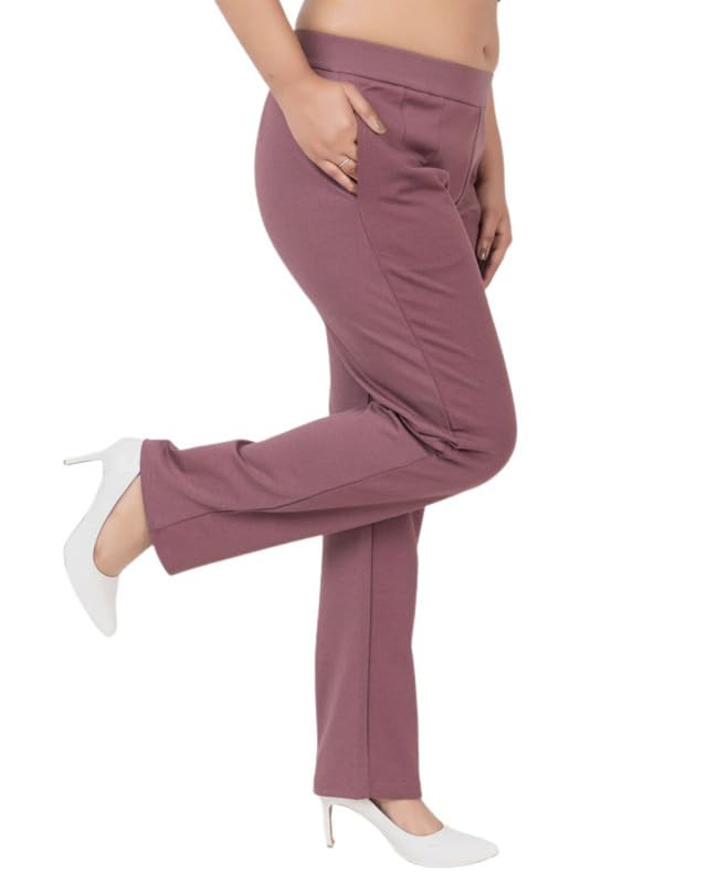Image of Mlada Straight Fit Cigarette Pencil Pants Elastic Waist Band Mid High Waist Formal Office Trousers for Women, Pockets for Travel Stretch Cotton Knit Full Length Regular /Plus Size