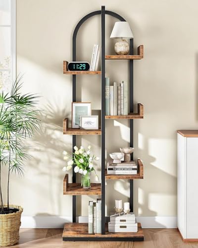 CHOEZON Corner Bookshelf, Curved 6-Tier Bookcase with Anti-Tip Kit, Adjustable Feet and Staggered Shelves for Living Room, Bedroom, Study, Office, Rustic Brown and Black TSJ06BF