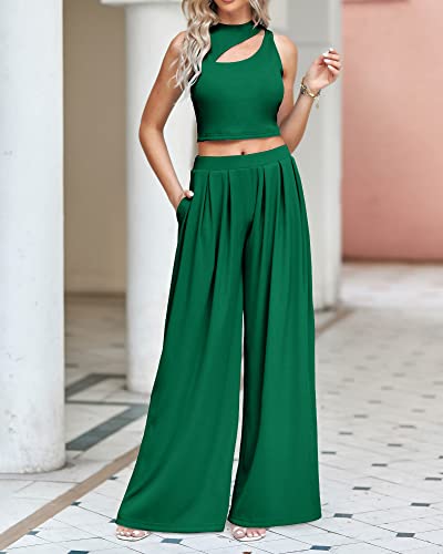 Btfbm Women 2 Piece Outfits Spring Summer Tracksuits Mock Neck Sleeveless Cutout Crop Top Wide Leg Long Pants Sweatsuits(Solid Green, X-Large) #TOP6