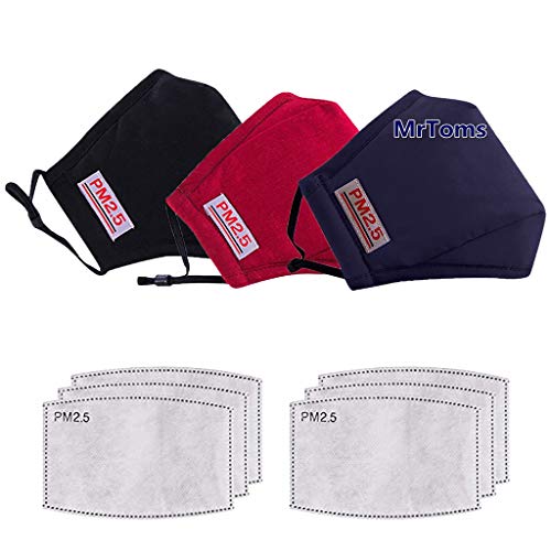 MrToms Moda 3PC 𝙢𝙖𝙨𝙘𝙖𝙧𝙞𝙡𝙡𝙖 con 6 𝙁𝙞𝙡𝙩𝙧𝙤 para Mujer y Hombre, Antipolvo Algodon Tela de Lavables y Reutilizable, con Orejeras Ajustables (Negro+Navy+Rojo)