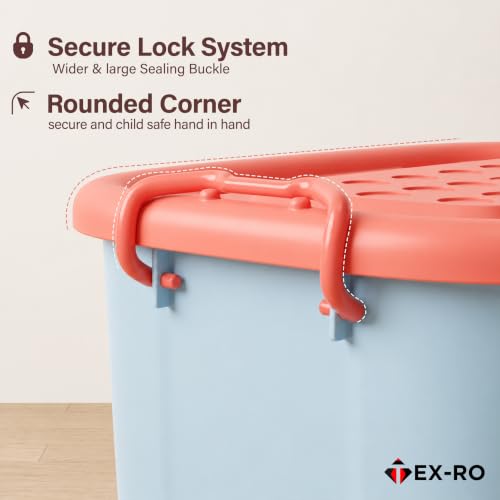 Image of TEX-RO Toy Storage Box with Lid and Wheels for Kids | Large Stackable Plastic Storage Box & Organiser | Big Toy Organizer for Kids Room | Movable Toy Box for Boys & Girls Bedroom (50x33x26cm)