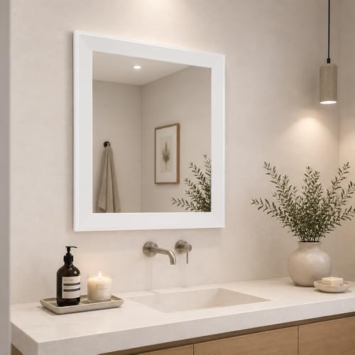 Espejo de Baño con Cristal Biselado y Cantos Pulidos, Borde ColorBlanco, Espejo Decorativo para Pared, Diseño Moderno y Elegante (Blanco, 50 x 50 cm)