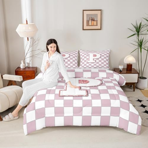 Image of Erosebridal Pink Initial P Comforter Set Full Kawaii Plaid Checkered Bedding Set Cute Personalized Monogram Comforter for Kids Girls Teen Women,Fashion Grids Gingham Quilt Duvet