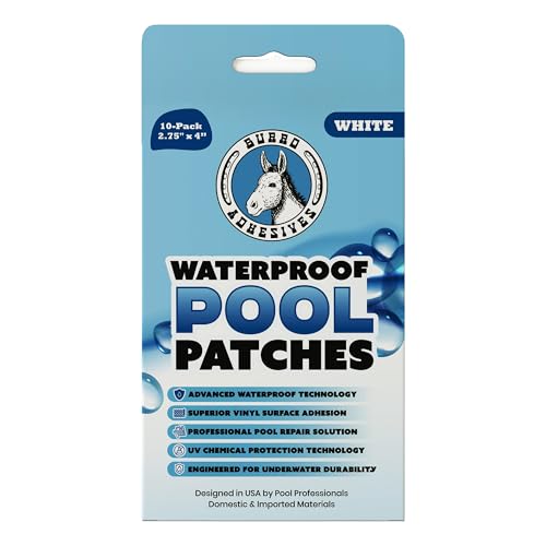 Burro Adhesives 10-Pack Waterproof White Pool Patches - Professional Grade PVC Repair Kit with 2.75 x 4 Heavy Duty Patches for Commercial & Residential Vinyl Liner Pools Works Underwater & Dry