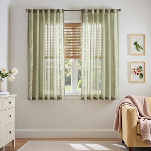 Image of jinchan Winslow Sheer Curtains 63 Inch Length for Bedroom Bordered Floral Pattern Decorations Short Curtains for Windows Light Filtering Window Treatments, 50 inch x 63 inch, Ivory on Sage, 2 Panels