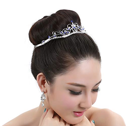 Rhinestone Crystal Flower Prom Bridal Wedding Crown Tiara - Royal/Dark Blue Crystals Silver Plating #TOP2