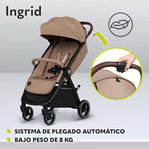 LIONELO INGRID Silla de paseo hasta 22 kg de 6 meses a 4 años Grandes ruedas giratorias 360° Suspensión total Se puede plegar con una mano Respaldo y reposapiés ajustables Capota XXL grande (Beige) - imagen 7