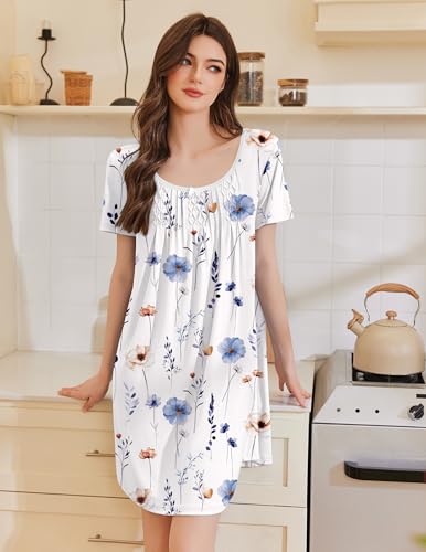 Image of Ekouaer Nightgowns for Women Pleated Sleep Shirts Short Sleeve Night Shirts Lace Trim Night Gown Ladies Sleep Dress