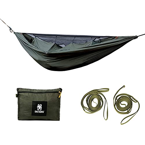 OneTigris KOMPOUND Reisehängematte 1 Person Outdoor Hängematte mit Moskitonetz |MEHRWEG Verpackung 260x130cm(Armee Grün)