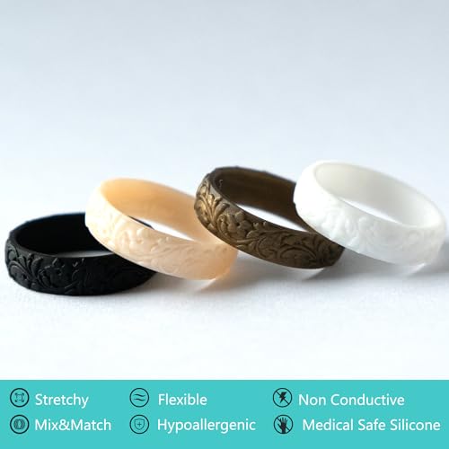 Zollen Women's Silicone Wedding Bands Set of 4/7 - Stackable Silicone Wedding Bands - Innovative Branches and Leaves Floral Collection2