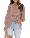 Dokotoo Damen Bluse Rosa V-Ausschnitt Langarm Tunika Frühling Sommer Vintage Boho Oberteile Shirts Tops Spitze Laternenärmel Lose Sweatshirt Langarmshirt Large