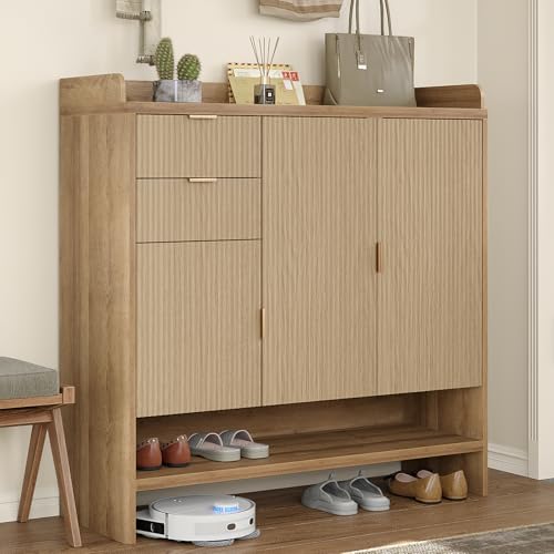 Image of Yanosaku 47" Fluted Shoe Storage Cabinet for Entryway, Freestanding Shoe Organizer with Adjustable Shelves and 2 Drawers, Modern Entryway Shoe Cabinet for Keys, Bags, Hallway Living Room, Oak