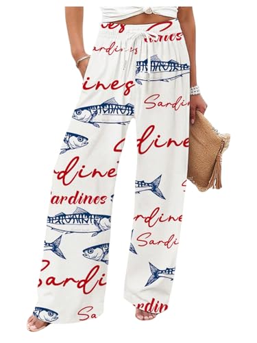 WDIRARA Women's Fish Graphic Drawstring Waist Wide Leg Pants Vacation Beach Pants
