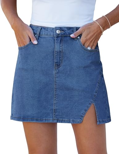 Luvamia Denim Mini Skirt with Slit - Stretch Jean Skirt for Women - Medium Blue - Size 4 / 6