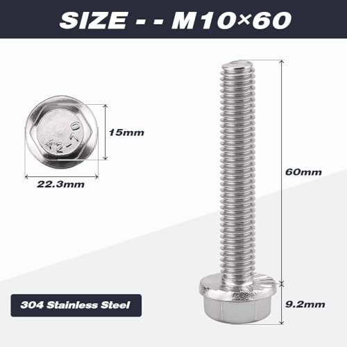 Image of M10-1.5 x 60mm (6 pcs) Flanged Hex Bolts, 304 Stainless Steel 18 /8, Large Washer Head Automotive Screws for Car Parts & Machinery Replacement