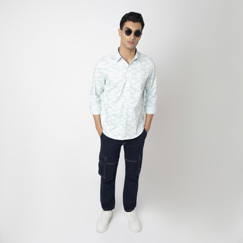Image of MARK & ALBERT Men's Printed Full Sleeves Regular Fit Shirt Blue | 100% Cotton Stretchable Fabric