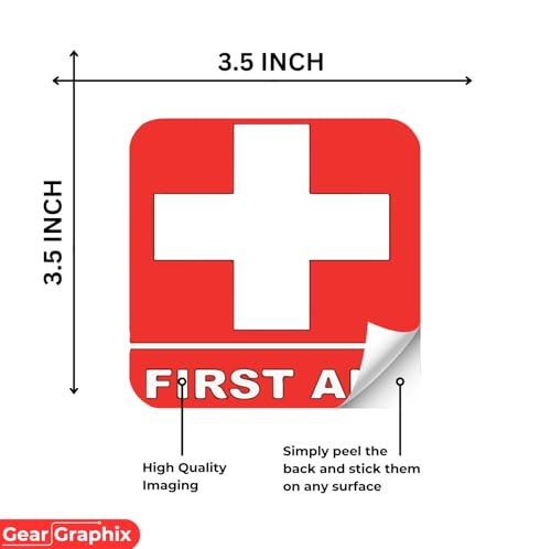 Image of First Aid Kit Sticker Sign - (4) Self Adhesive Decal 3.5 inchx3.5 inch - for Car, Office, or Business Emergency First Aid Kit Sign