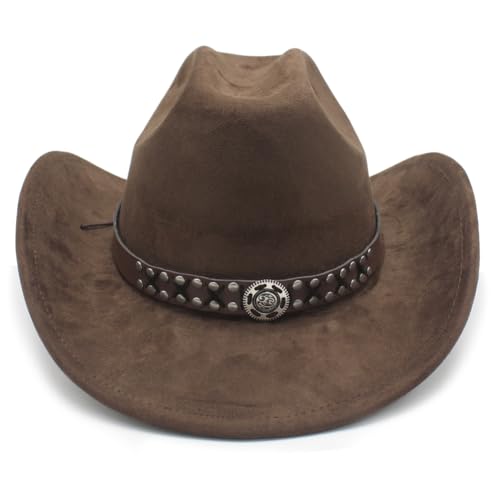 Image of Cowboy Hat for Women Men Wide Brim Western Cowgirl Hat Roll up Brim with Belt Buckle Classic Suede Country Cowboy Hat