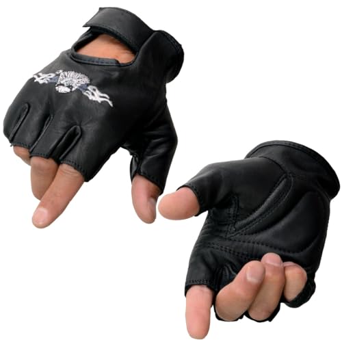 Image of Milwaukee Leather SH198 Men's Black Flame Embroidered Fingerless Gloves with Gel Palm | Padded Comfort; Vibration Relief; Flame Embroidery