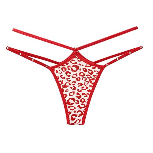 Generisch Lingerie sexy pour femme avec motif léopard, diamants pailletés, soie glacée, sans trace, taille fine, string séduisant, rouge, taille unique