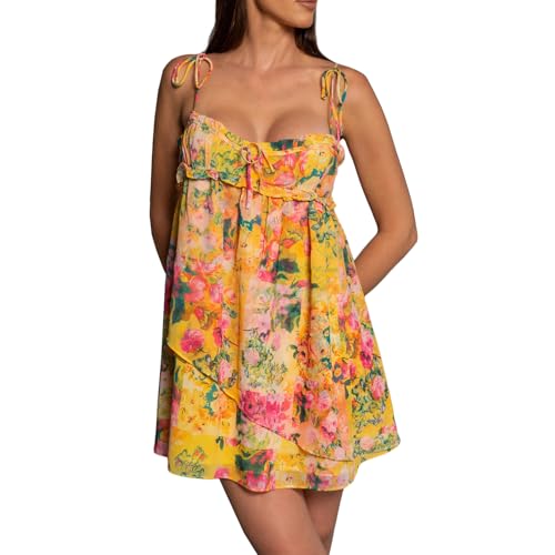 Boho Floral Mini Dress Women Flowy Babydoll Short Dress Teen Girls Cute Y2k Yellow Flower Summer Dresses