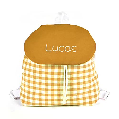 SAQUITOMAGICO Mochila Infantil Vichy Personalizada con Nombre | Mochila Bebé Guardería y Colegio | Mochila Solapa con Cordón Ajustable y cierre| Algodón 100% | Excursiones, Merienda, Vuelta al Cole