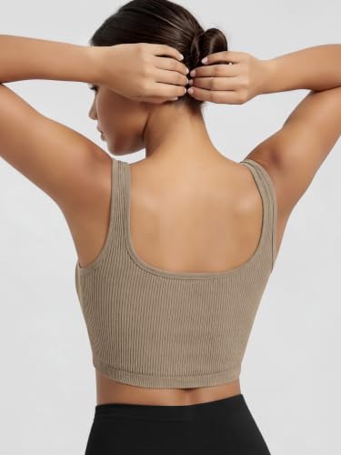 Image of ODODOS 3-Pack Seamless Square Neck Crop Tank for Women Ribbed Knit Soft Low Back Cropped Tops