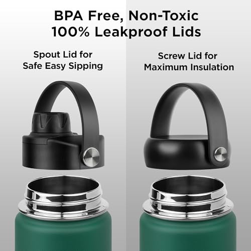Image of ThermoProof Double-Walled Vacuum Insulated Stainless Steel Water Bottle - Wide Mouth with Chug & Spout Lids, Dishwasher Safe, Reusable, Leakproof, Hot & Cold for Men, Women - 22oz, Forest Green