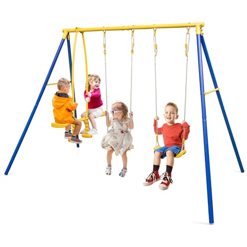 COSTWAY Schaukelgestell mit 2 Schaukeln und Gleitersitzen, Kinderschaukel mit Gestell, Outdoor Schaukel mit verstellbaren Hängeseilen, Schaukelgerüst, Schaukelset für Kinder